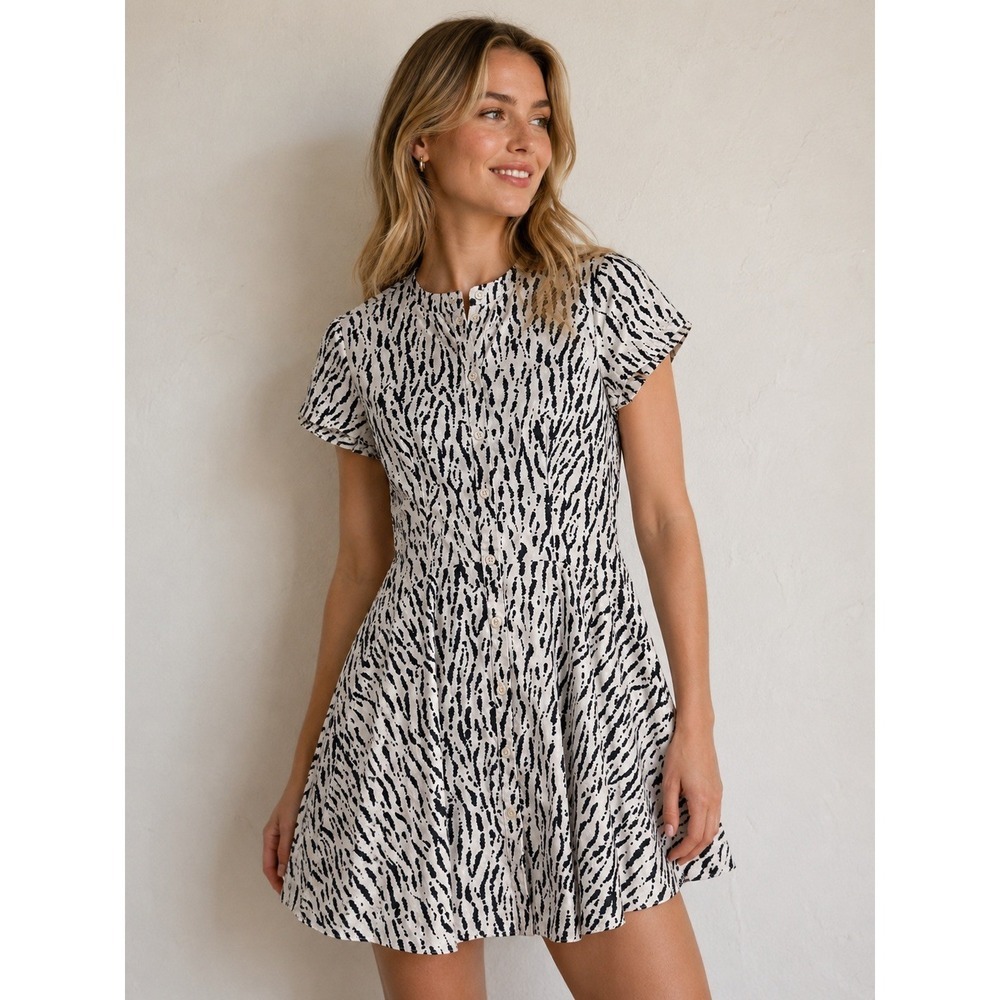 Zara Woman Abstract Zebra Print Cotton Mini Dress Short Sleeve Button Front S